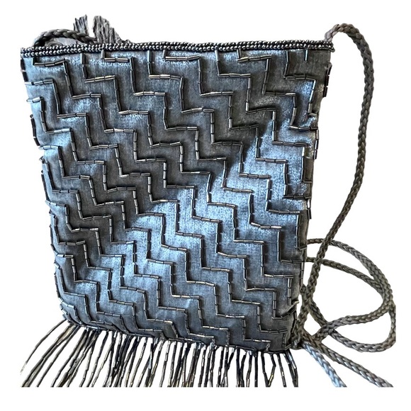 SASHA NEW YORK | NWOT Silver/Gray Beaded Fringe Evening Bag w/ Strap - Picture 5 of 9